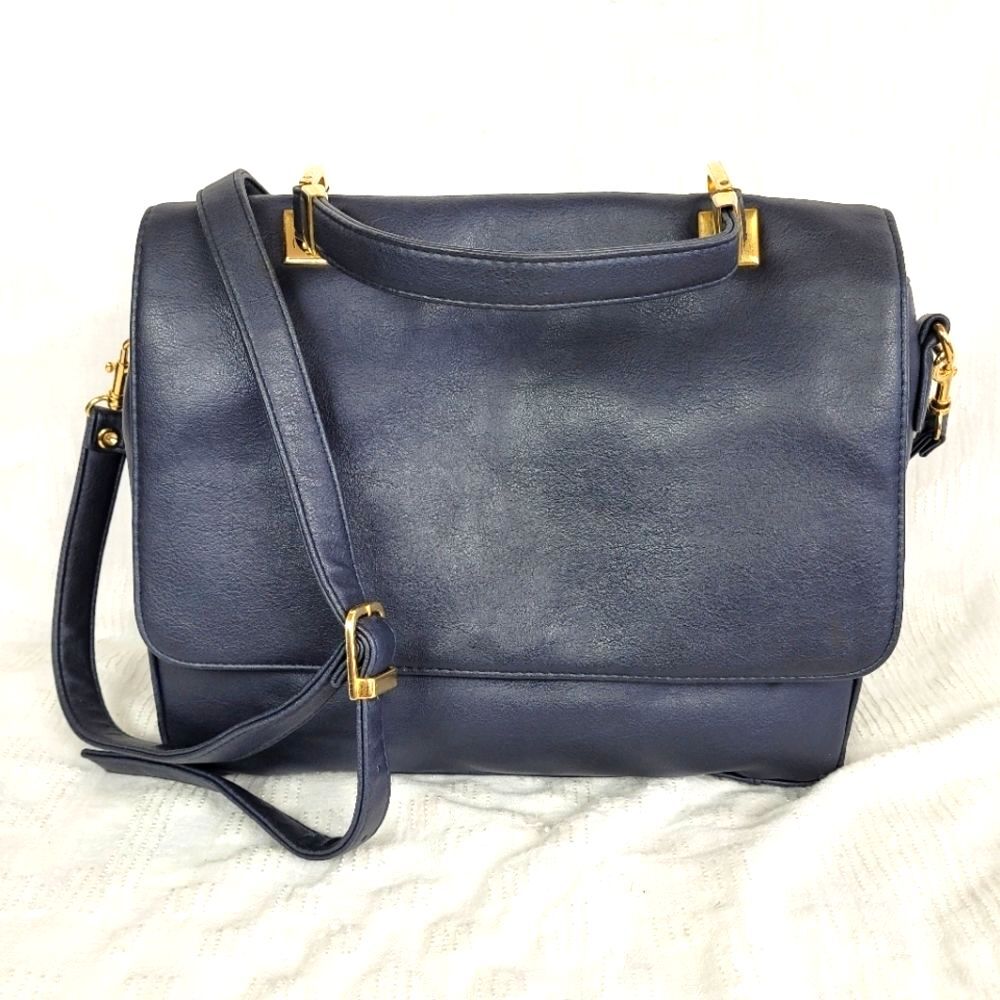 Navy blue shoulder bag long strap short handle satchel gold accents grandma chic